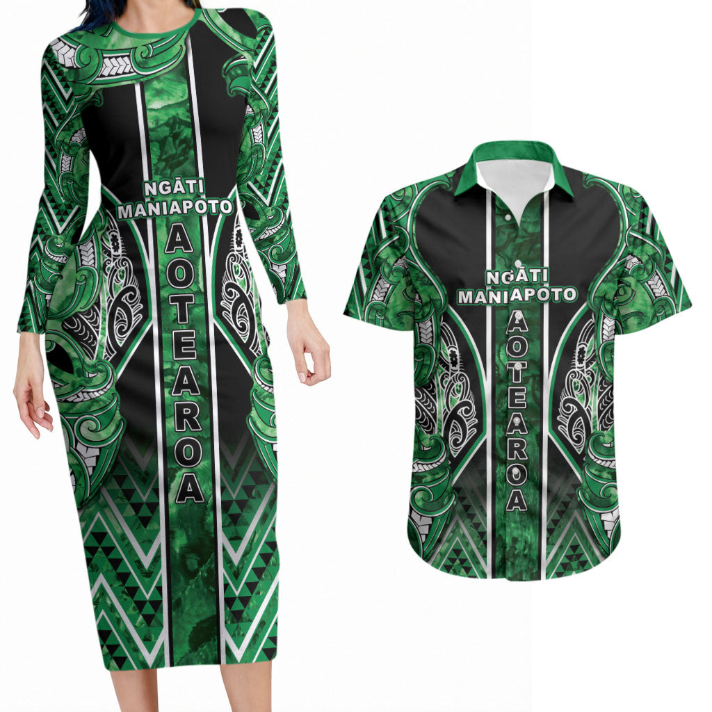 Aotearoa Ngati Maniapoto Couples Matching Long Sleeve Bodycon Dress and Hawaiian Shirt Maori Tribal Green Paua Shell Pattern