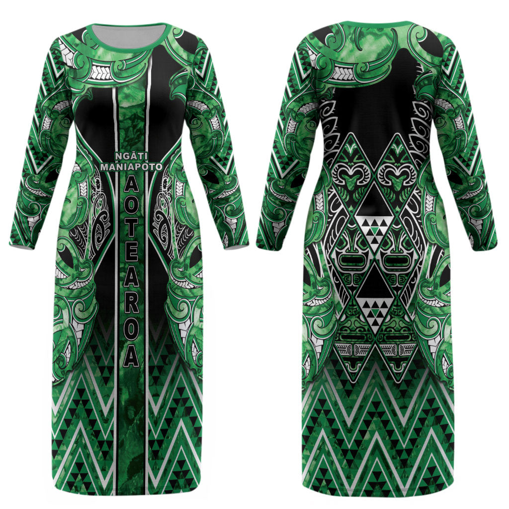 Aotearoa Ngati Maniapoto Couples Matching Long Sleeve Bodycon Dress and Hawaiian Shirt Maori Tribal Green Paua Shell Pattern