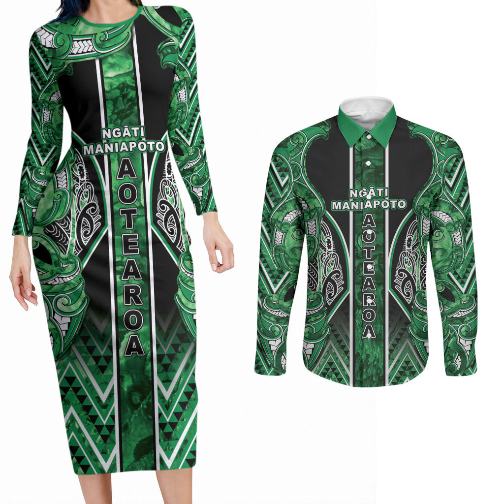 Aotearoa Ngati Maniapoto Couples Matching Long Sleeve Bodycon Dress and Long Sleeve Button Shirt Maori Tribal Green Paua Shell Pattern