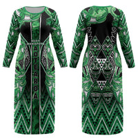 Aotearoa Ngati Maniapoto Couples Matching Long Sleeve Bodycon Dress and Long Sleeve Button Shirt Maori Tribal Green Paua Shell Pattern