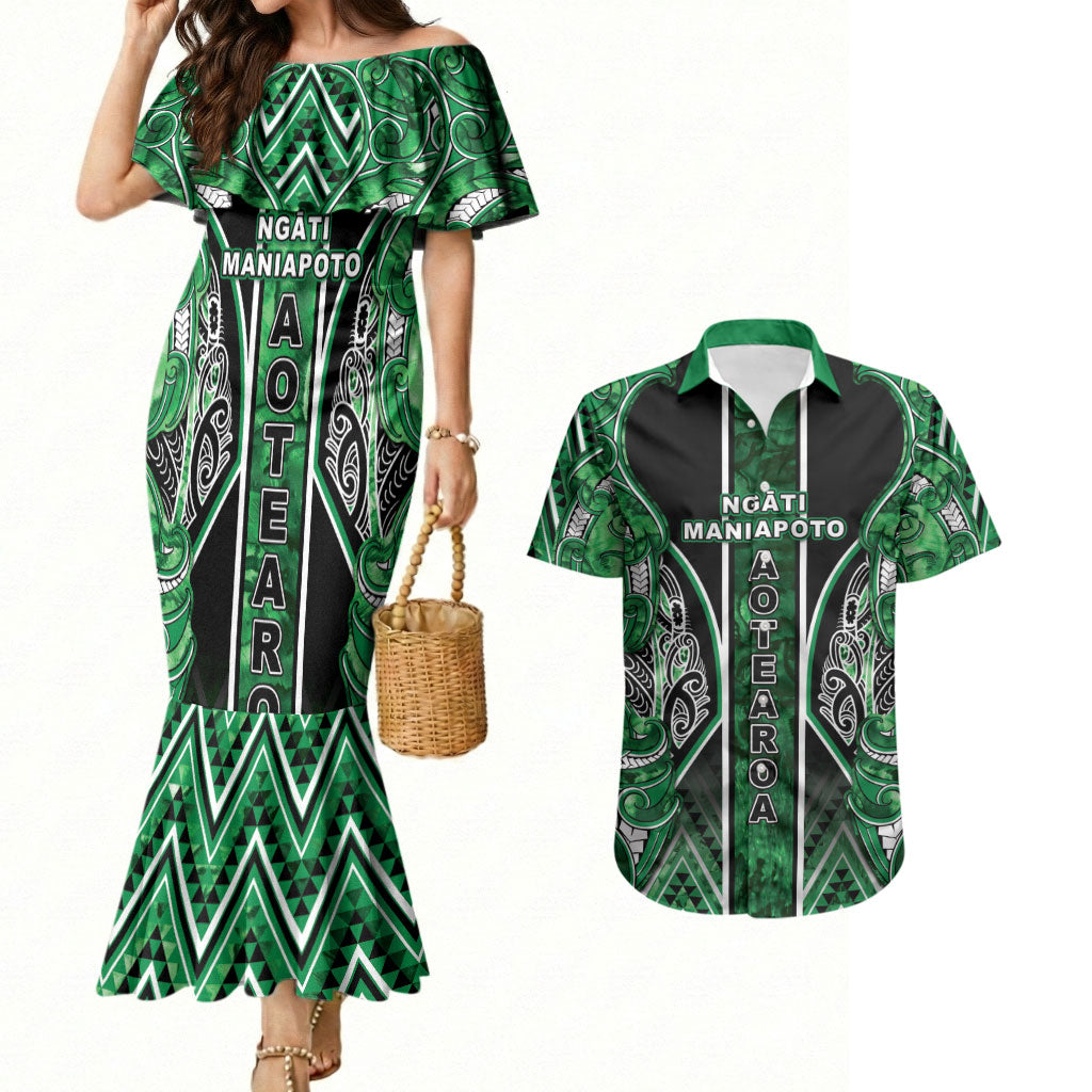 Aotearoa Ngati Maniapoto Couples Matching Mermaid Dress and Hawaiian Shirt Maori Tribal Green Paua Shell Pattern