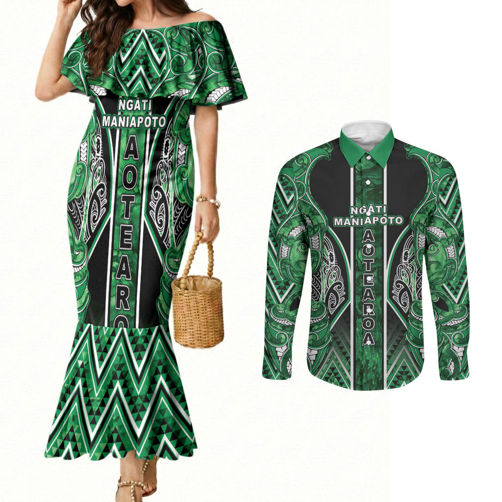 Aotearoa Ngati Maniapoto Couples Matching Mermaid Dress and Long Sleeve Button Shirt Maori Tribal Green Paua Shell Pattern