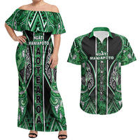 Aotearoa Ngati Maniapoto Couples Matching Off Shoulder Maxi Dress and Hawaiian Shirt Maori Tribal Green Paua Shell Pattern