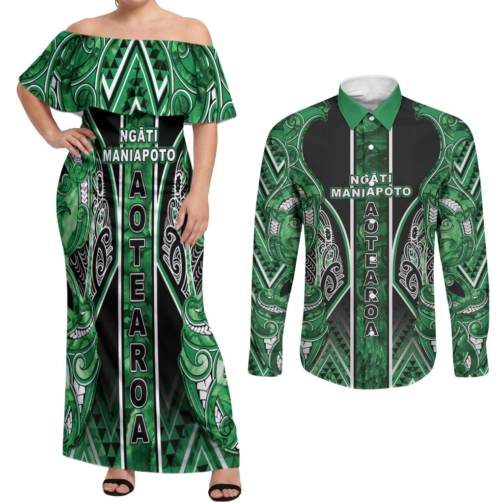 Aotearoa Ngati Maniapoto Couples Matching Off Shoulder Maxi Dress and Long Sleeve Button Shirt Maori Tribal Green Paua Shell Pattern