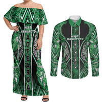 Aotearoa Ngati Maniapoto Couples Matching Off Shoulder Maxi Dress and Long Sleeve Button Shirt Maori Tribal Green Paua Shell Pattern