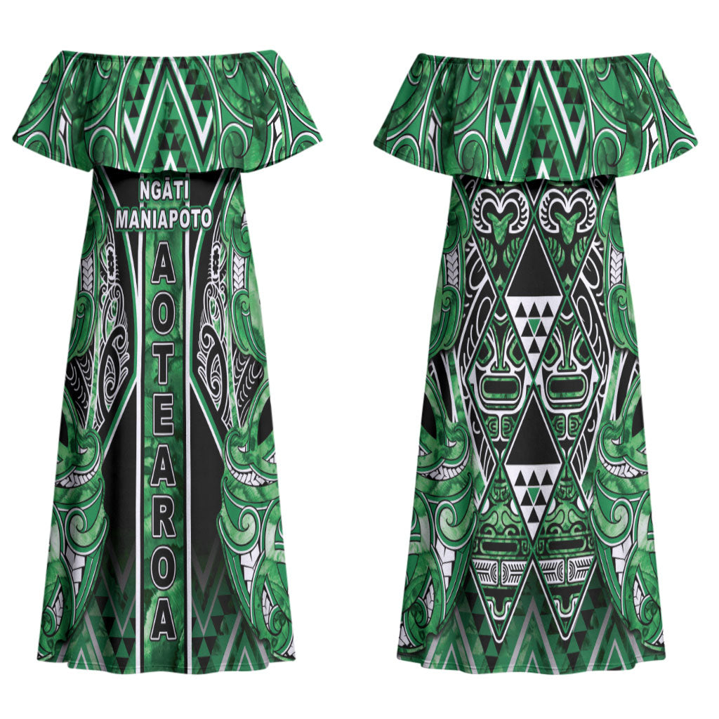 Aotearoa Ngati Maniapoto Couples Matching Off Shoulder Maxi Dress and Long Sleeve Button Shirt Maori Tribal Green Paua Shell Pattern