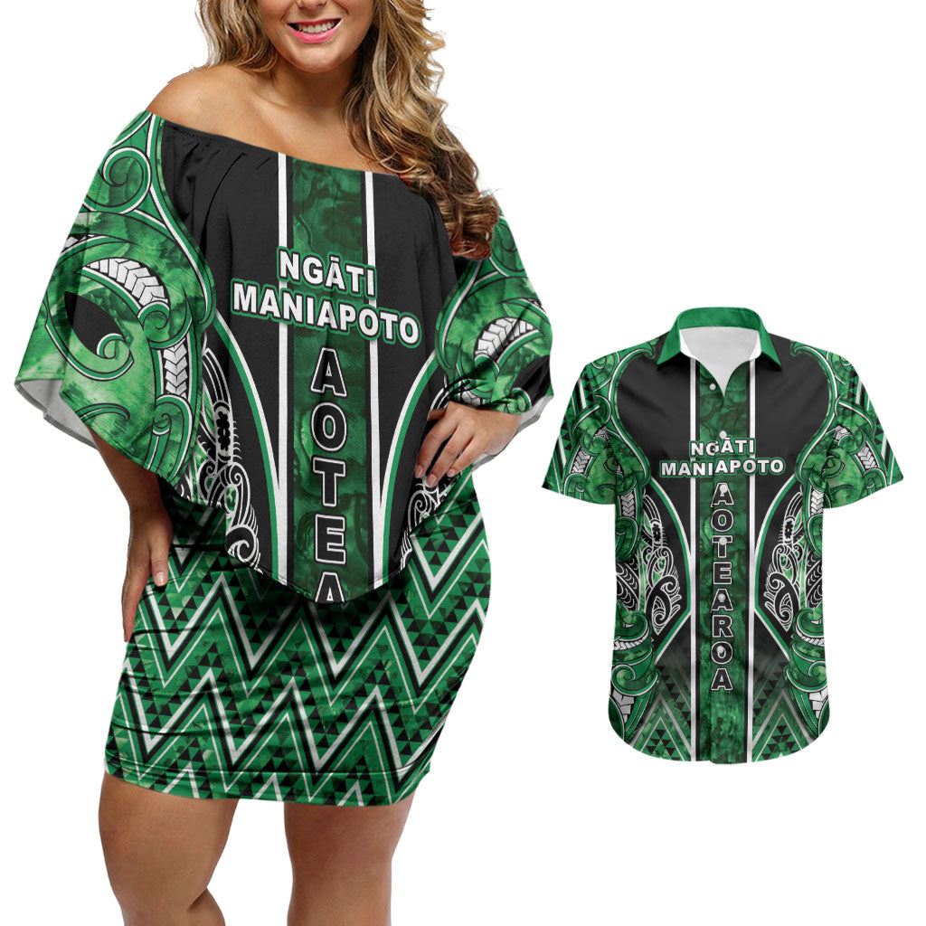 Aotearoa Ngati Maniapoto Couples Matching Off Shoulder Short Dress and Hawaiian Shirt Maori Tribal Green Paua Shell Pattern