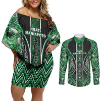 Aotearoa Ngati Maniapoto Couples Matching Off Shoulder Short Dress and Long Sleeve Button Shirt Maori Tribal Green Paua Shell Pattern