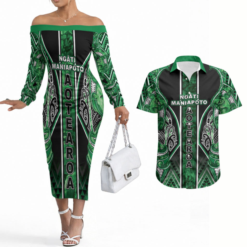 Aotearoa Ngati Maniapoto Couples Matching Off The Shoulder Long Sleeve Dress and Hawaiian Shirt Maori Tribal Green Paua Shell Pattern