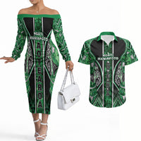 Aotearoa Ngati Maniapoto Couples Matching Off The Shoulder Long Sleeve Dress and Hawaiian Shirt Maori Tribal Green Paua Shell Pattern