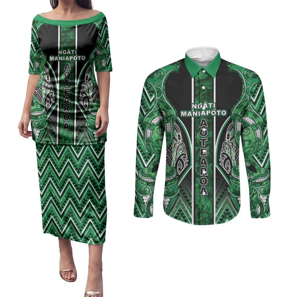 Aotearoa Ngati Maniapoto Couples Matching Puletasi and Long Sleeve Button Shirt Maori Tribal Green Paua Shell Pattern