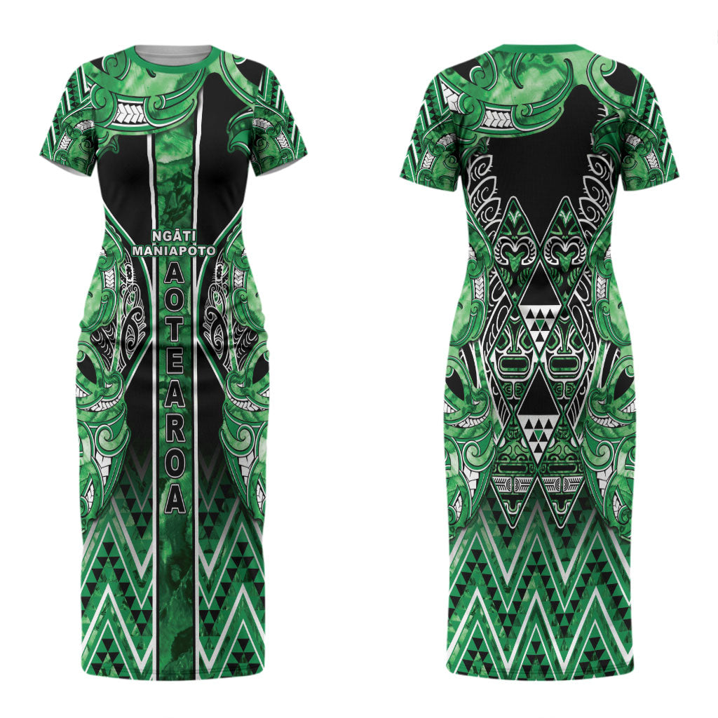 Aotearoa Ngati Maniapoto Couples Matching Short Sleeve Bodycon Dress and Hawaiian Shirt Maori Tribal Green Paua Shell Pattern
