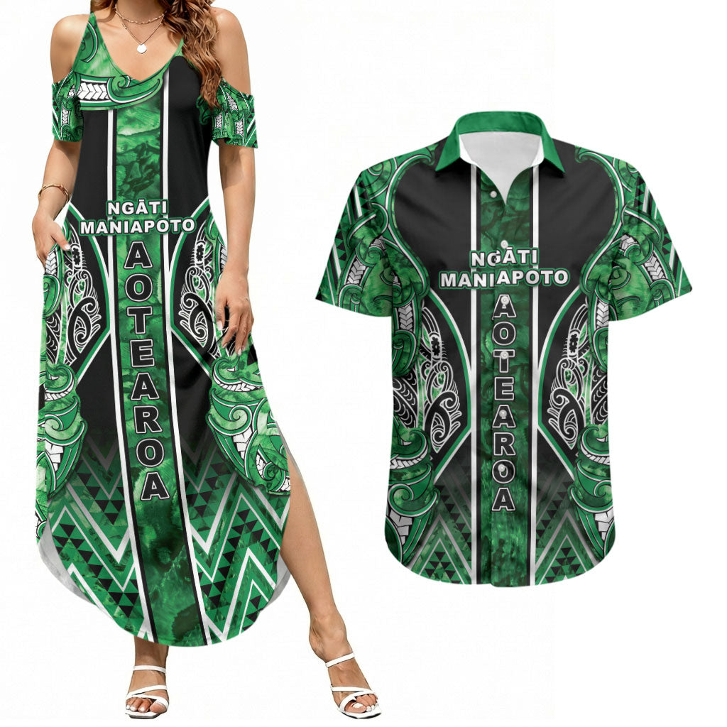 Aotearoa Ngati Maniapoto Couples Matching Summer Maxi Dress and Hawaiian Shirt Maori Tribal Green Paua Shell Pattern