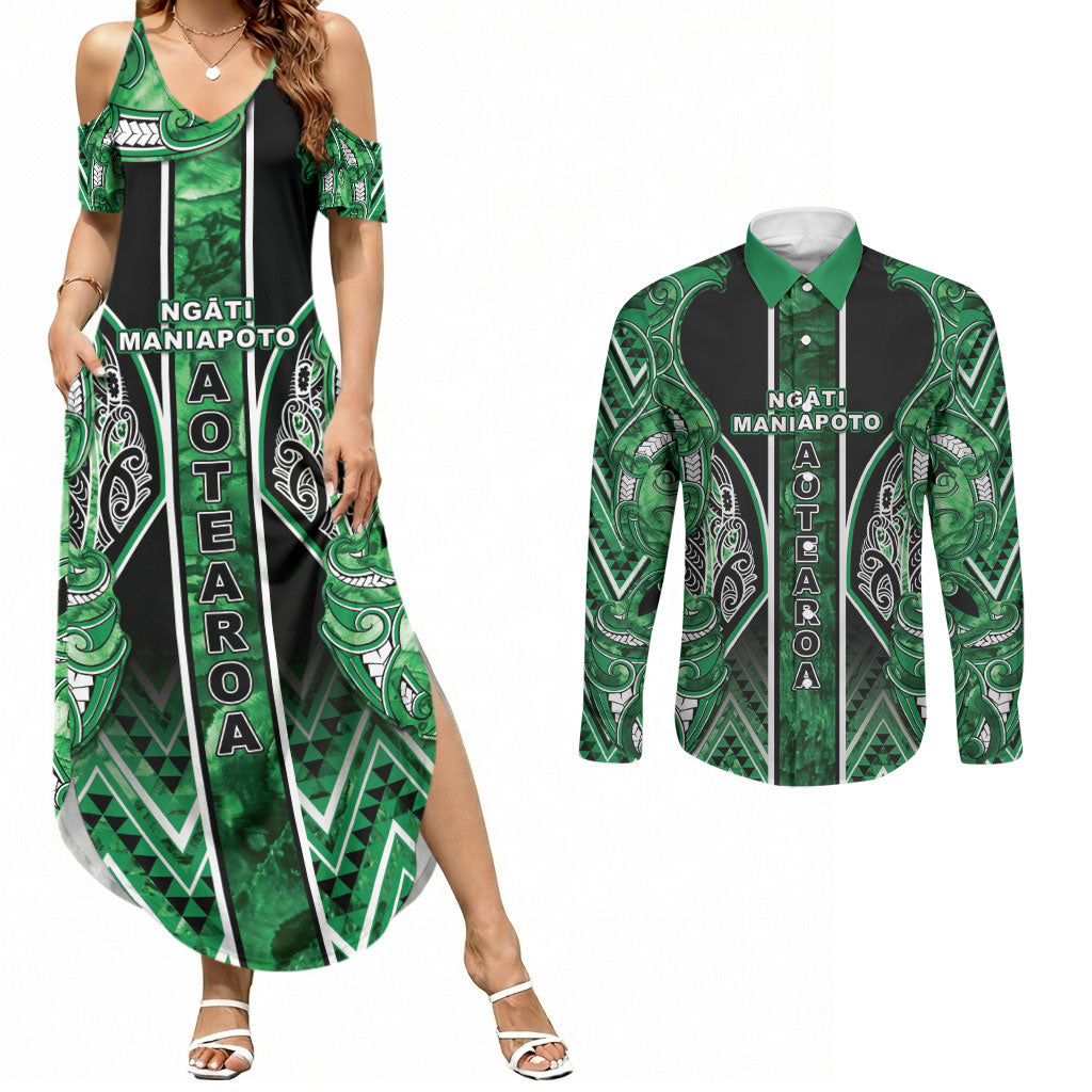 Aotearoa Ngati Maniapoto Couples Matching Summer Maxi Dress and Long Sleeve Button Shirt Maori Tribal Green Paua Shell Pattern