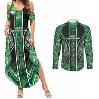 Aotearoa Ngati Maniapoto Couples Matching Summer Maxi Dress and Long Sleeve Button Shirt Maori Tribal Green Paua Shell Pattern