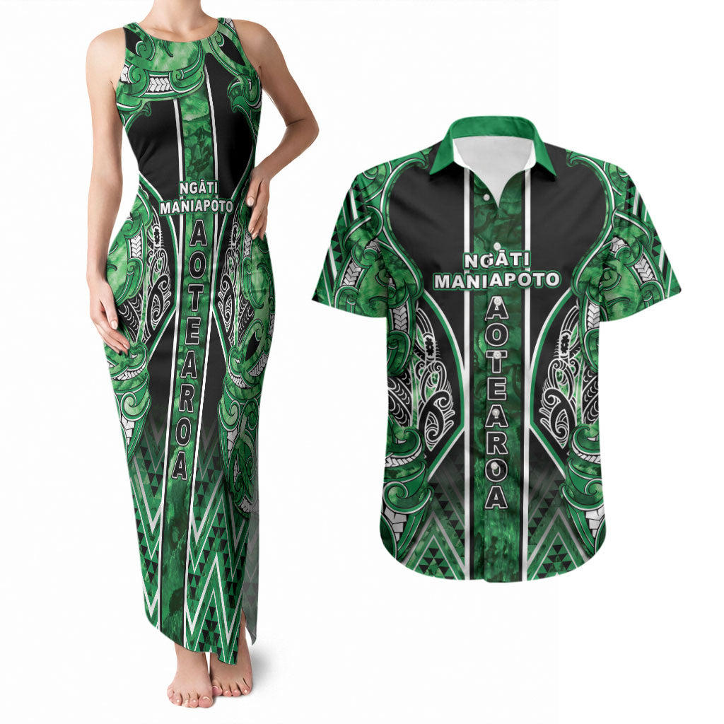 Aotearoa Ngati Maniapoto Couples Matching Tank Maxi Dress and Hawaiian Shirt Maori Tribal Green Paua Shell Pattern