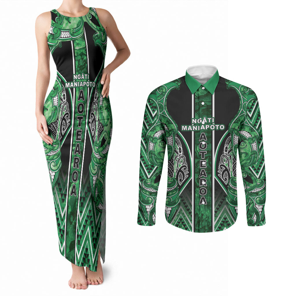 Aotearoa Ngati Maniapoto Couples Matching Tank Maxi Dress and Long Sleeve Button Shirt Maori Tribal Green Paua Shell Pattern