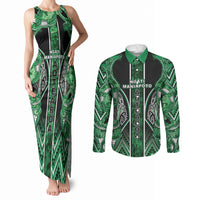 Aotearoa Ngati Maniapoto Couples Matching Tank Maxi Dress and Long Sleeve Button Shirt Maori Tribal Green Paua Shell Pattern