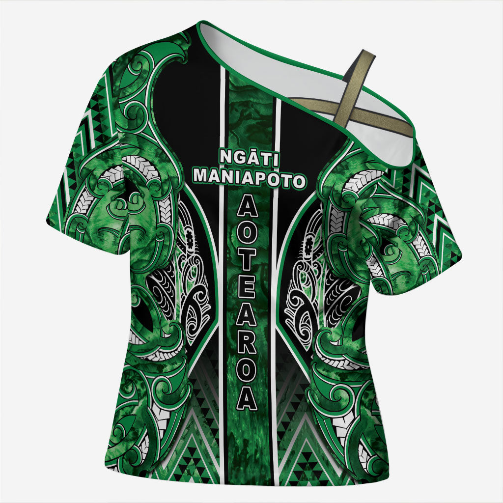 Aotearoa Ngati Maniapoto Cross Shoulder Shirt Maori Tribal Green Paua Shell Pattern DT05 Female Green - Polynesian Pride