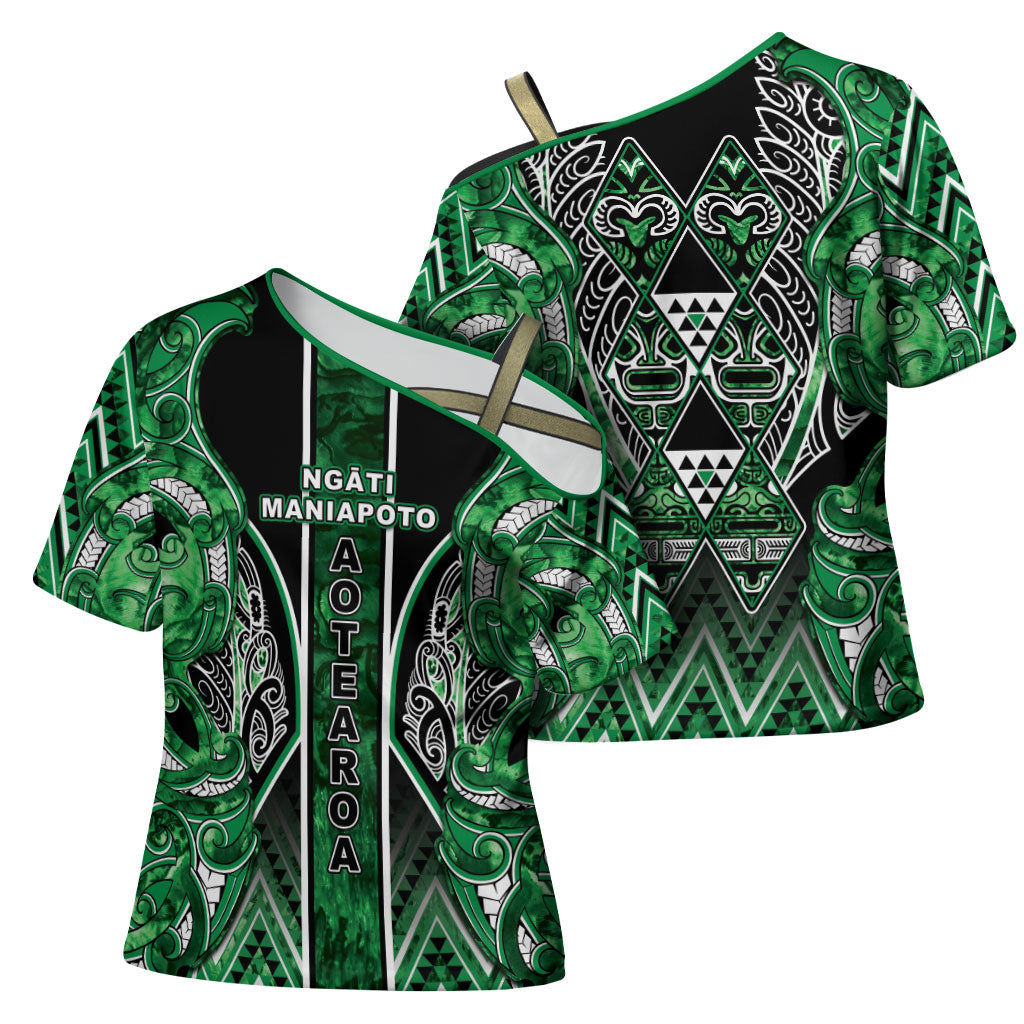 Aotearoa Ngati Maniapoto Cross Shoulder Shirt Maori Tribal Green Paua Shell Pattern