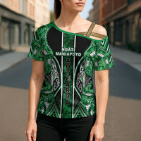Aotearoa Ngati Maniapoto Cross Shoulder Shirt Maori Tribal Green Paua Shell Pattern