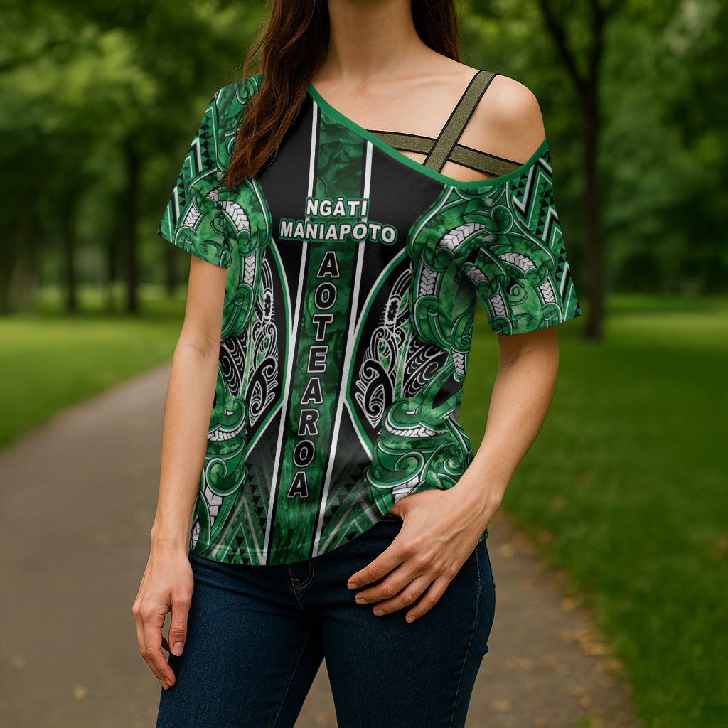 Aotearoa Ngati Maniapoto Cross Shoulder Shirt Maori Tribal Green Paua Shell Pattern