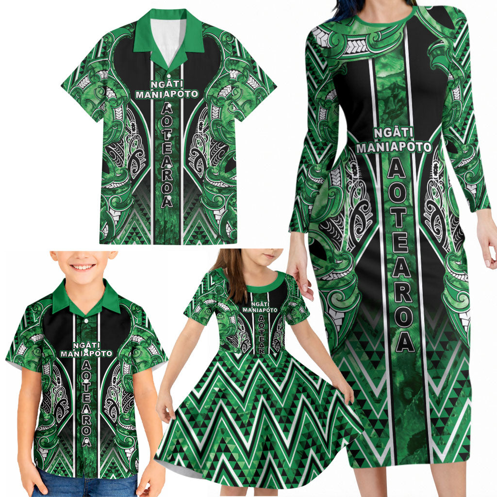 Aotearoa Ngati Maniapoto Family Matching Long Sleeve Bodycon Dress and Hawaiian Shirt Maori Tribal Green Paua Shell Pattern DT05 - Polynesian Pride