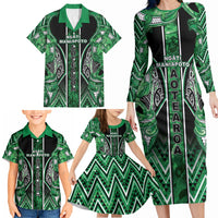 Aotearoa Ngati Maniapoto Family Matching Long Sleeve Bodycon Dress and Hawaiian Shirt Maori Tribal Green Paua Shell Pattern