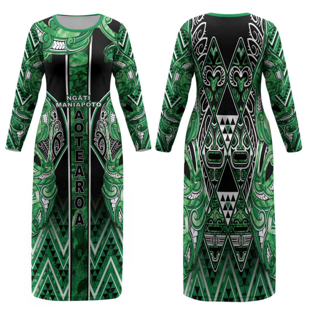 Aotearoa Ngati Maniapoto Family Matching Long Sleeve Bodycon Dress and Hawaiian Shirt Maori Tribal Green Paua Shell Pattern