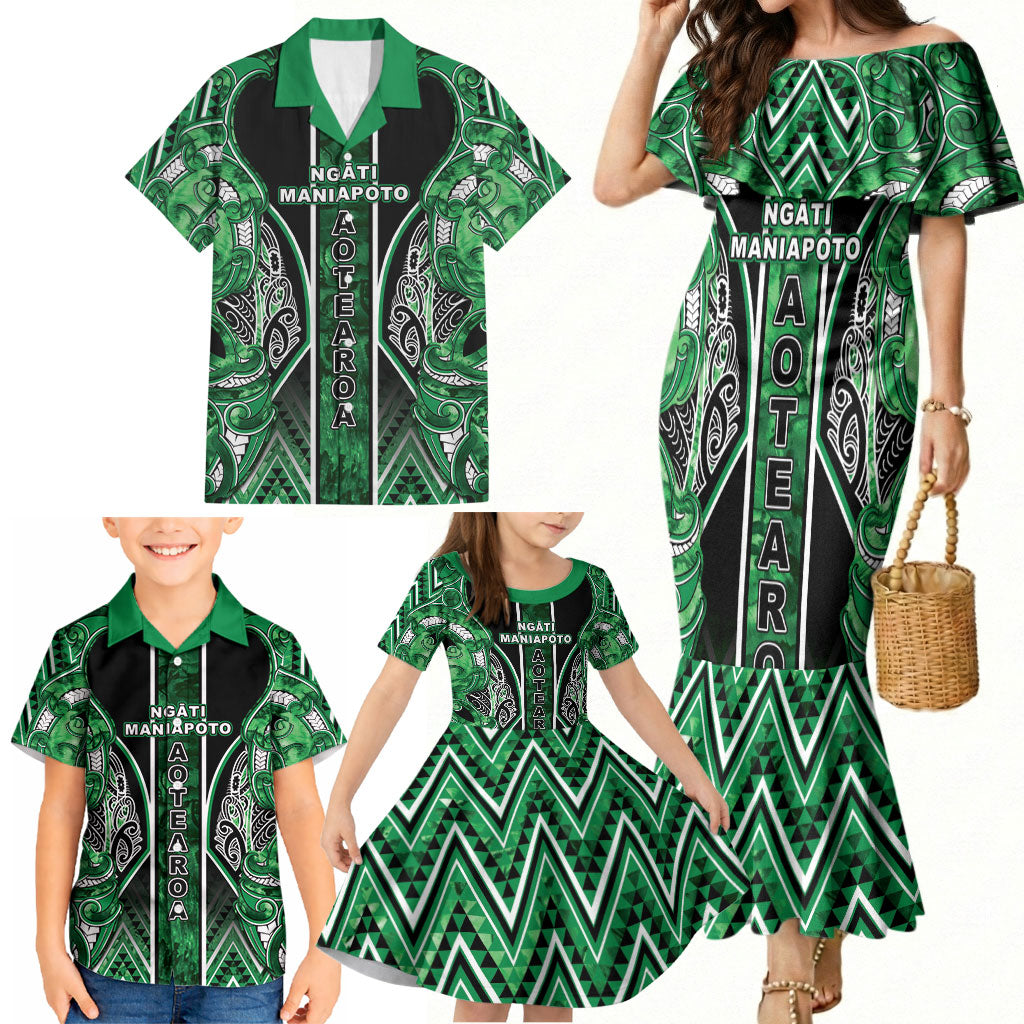 Aotearoa Ngati Maniapoto Family Matching Mermaid Dress and Hawaiian Shirt Maori Tribal Green Paua Shell Pattern DT05 - Polynesian Pride