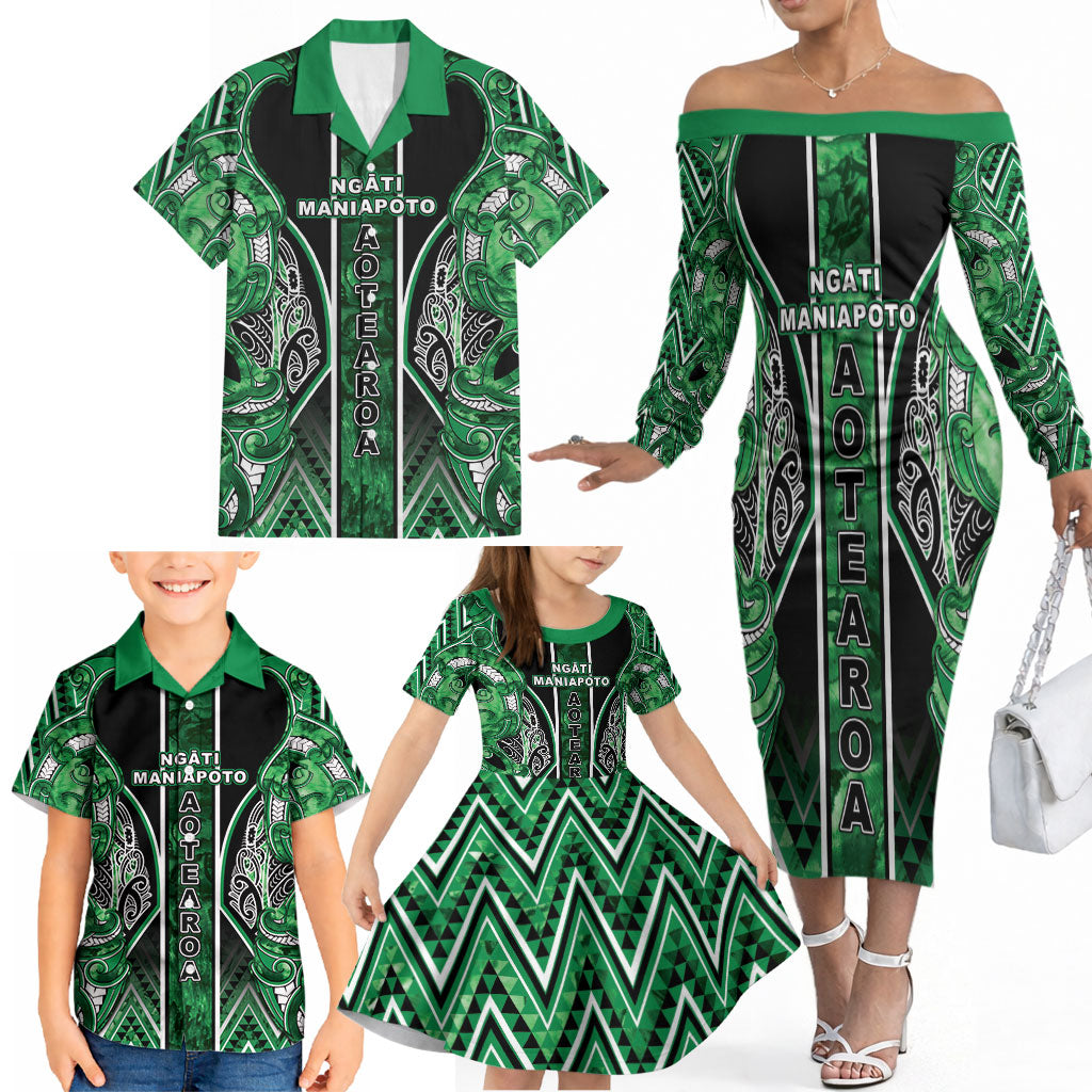 Aotearoa Ngati Maniapoto Family Matching Off The Shoulder Long Sleeve Dress and Hawaiian Shirt Maori Tribal Green Paua Shell Pattern DT05 - Polynesian Pride