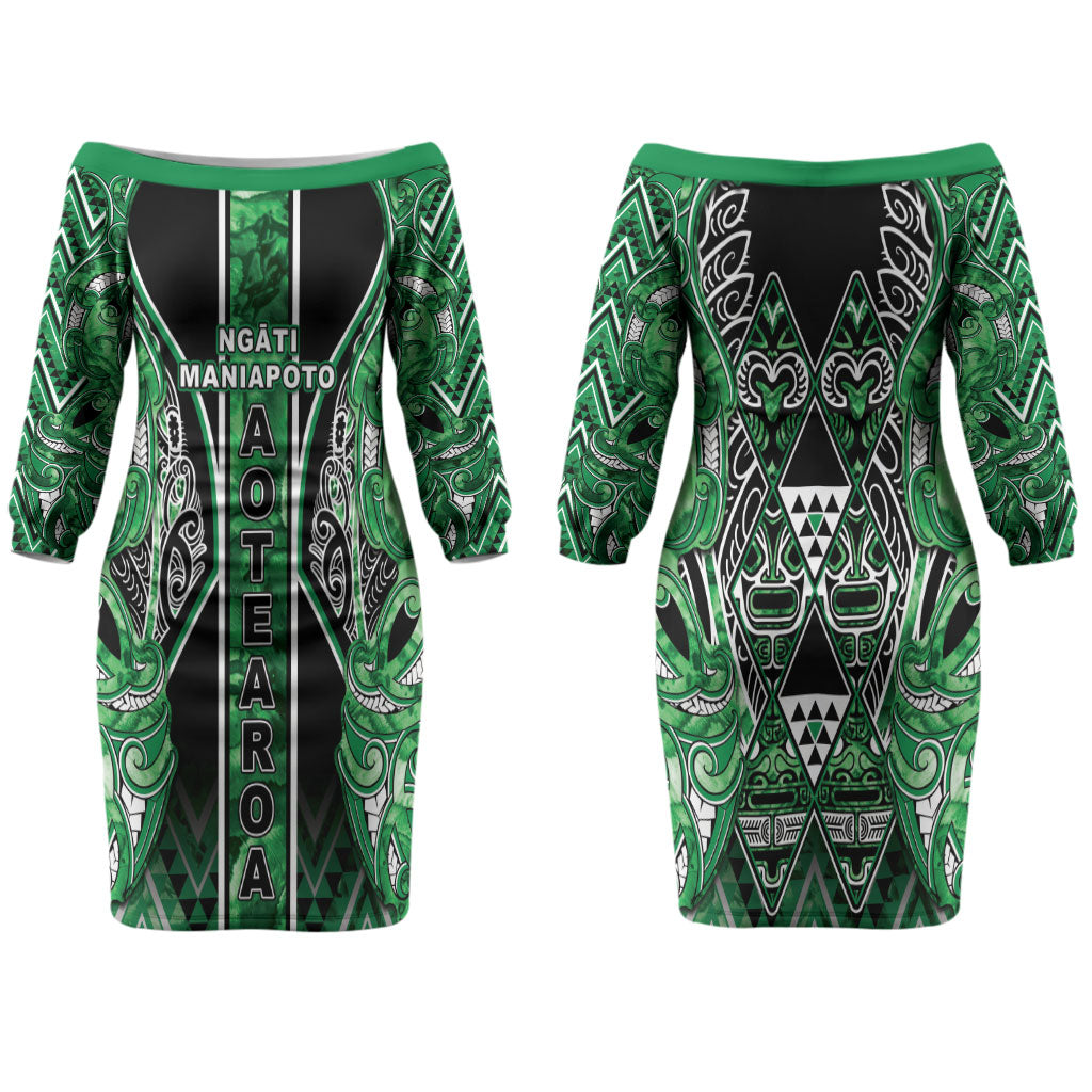 Aotearoa Ngati Maniapoto Family Matching Off The Shoulder Long Sleeve Dress and Hawaiian Shirt Maori Tribal Green Paua Shell Pattern