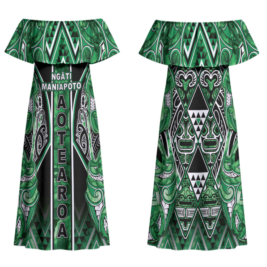 Aotearoa Ngati Maniapoto Family Matching Off Shoulder Maxi Dress and Hawaiian Shirt Maori Tribal Green Paua Shell Pattern