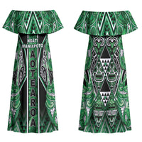 Aotearoa Ngati Maniapoto Family Matching Off Shoulder Maxi Dress and Hawaiian Shirt Maori Tribal Green Paua Shell Pattern
