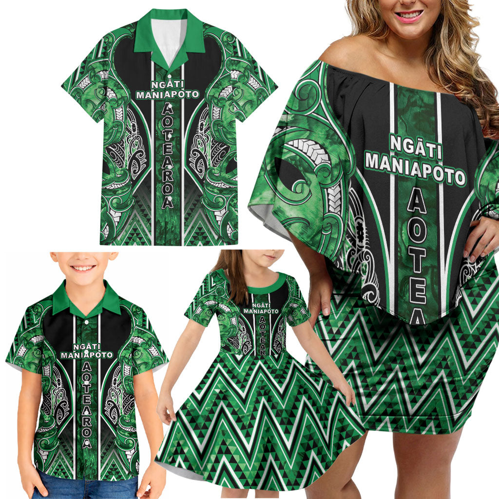 Aotearoa Ngati Maniapoto Family Matching Off Shoulder Short Dress and Hawaiian Shirt Maori Tribal Green Paua Shell Pattern DT05 - Polynesian Pride
