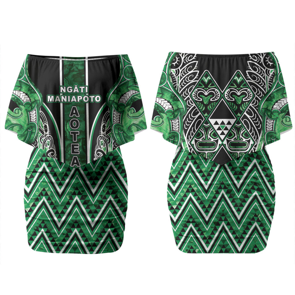 Aotearoa Ngati Maniapoto Family Matching Off Shoulder Short Dress and Hawaiian Shirt Maori Tribal Green Paua Shell Pattern