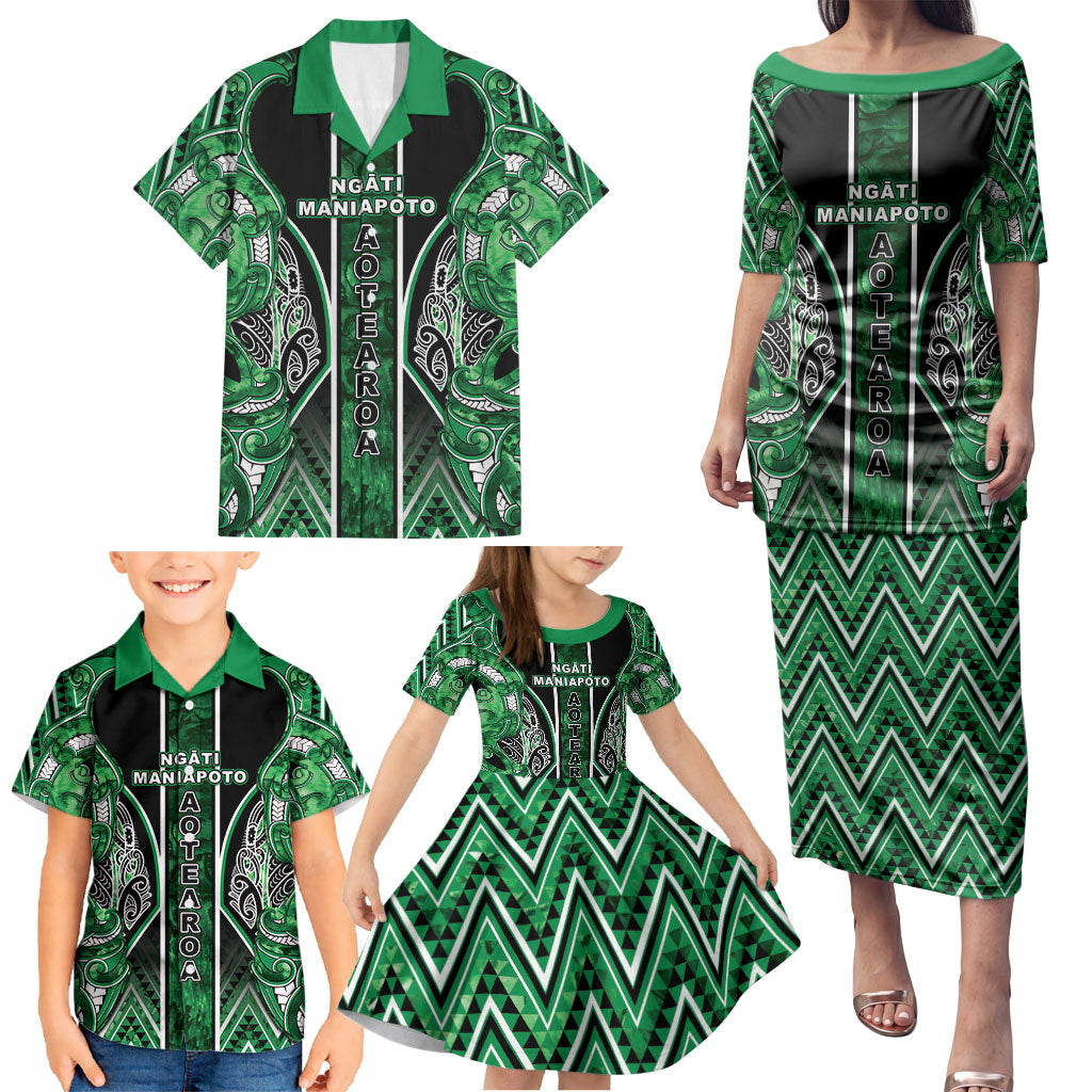 Aotearoa Ngati Maniapoto Family Matching Puletasi and Hawaiian Shirt Maori Tribal Green Paua Shell Pattern