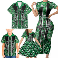 Aotearoa Ngati Maniapoto Family Matching Short Sleeve Bodycon Dress and Hawaiian Shirt Maori Tribal Green Paua Shell Pattern
