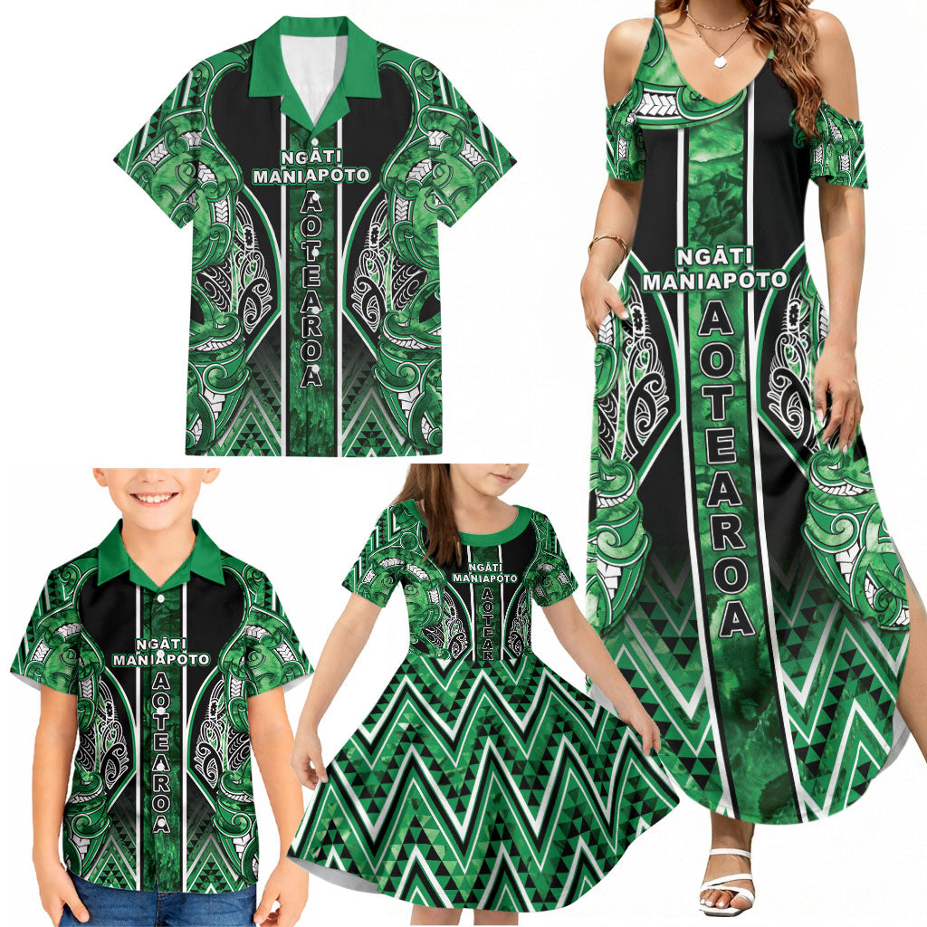 Aotearoa Ngati Maniapoto Family Matching Summer Maxi Dress and Hawaiian Shirt Maori Tribal Green Paua Shell Pattern DT05 - Polynesian Pride