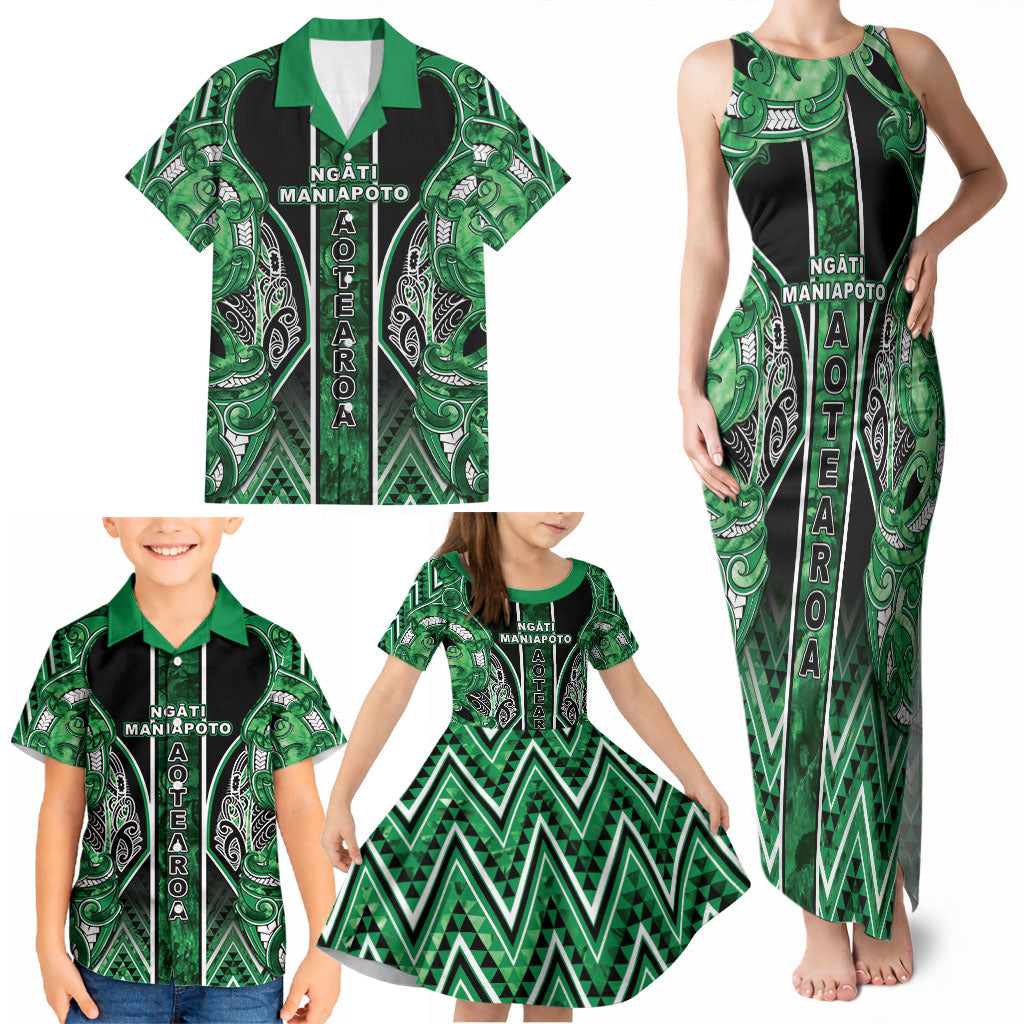 Aotearoa Ngati Maniapoto Family Matching Tank Maxi Dress and Hawaiian Shirt Maori Tribal Green Paua Shell Pattern
