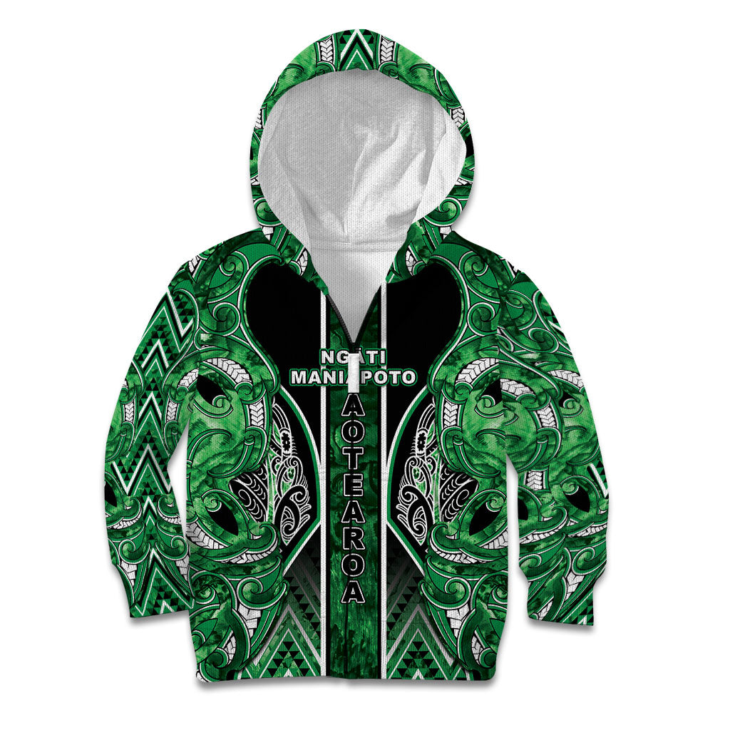Aotearoa Ngati Maniapoto Kid Hoodie Maori Tribal Green Paua Shell Pattern