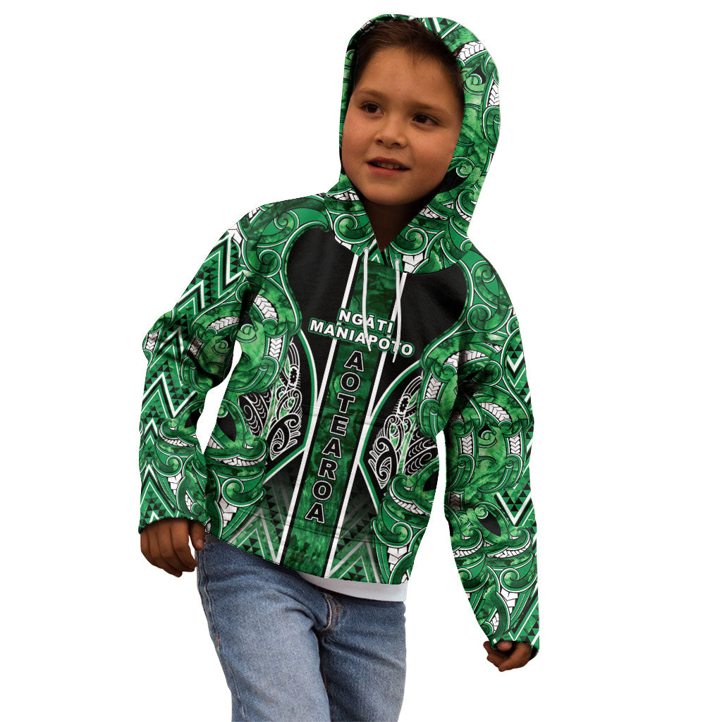 Aotearoa Ngati Maniapoto Kid Hoodie Maori Tribal Green Paua Shell Pattern