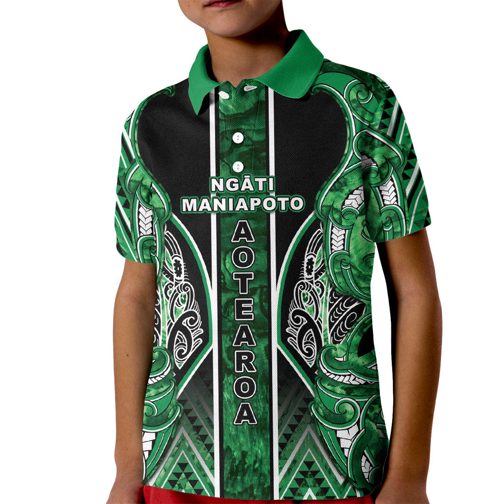 Aotearoa Ngati Maniapoto Kid Polo Shirt Maori Tribal Green Paua Shell Pattern