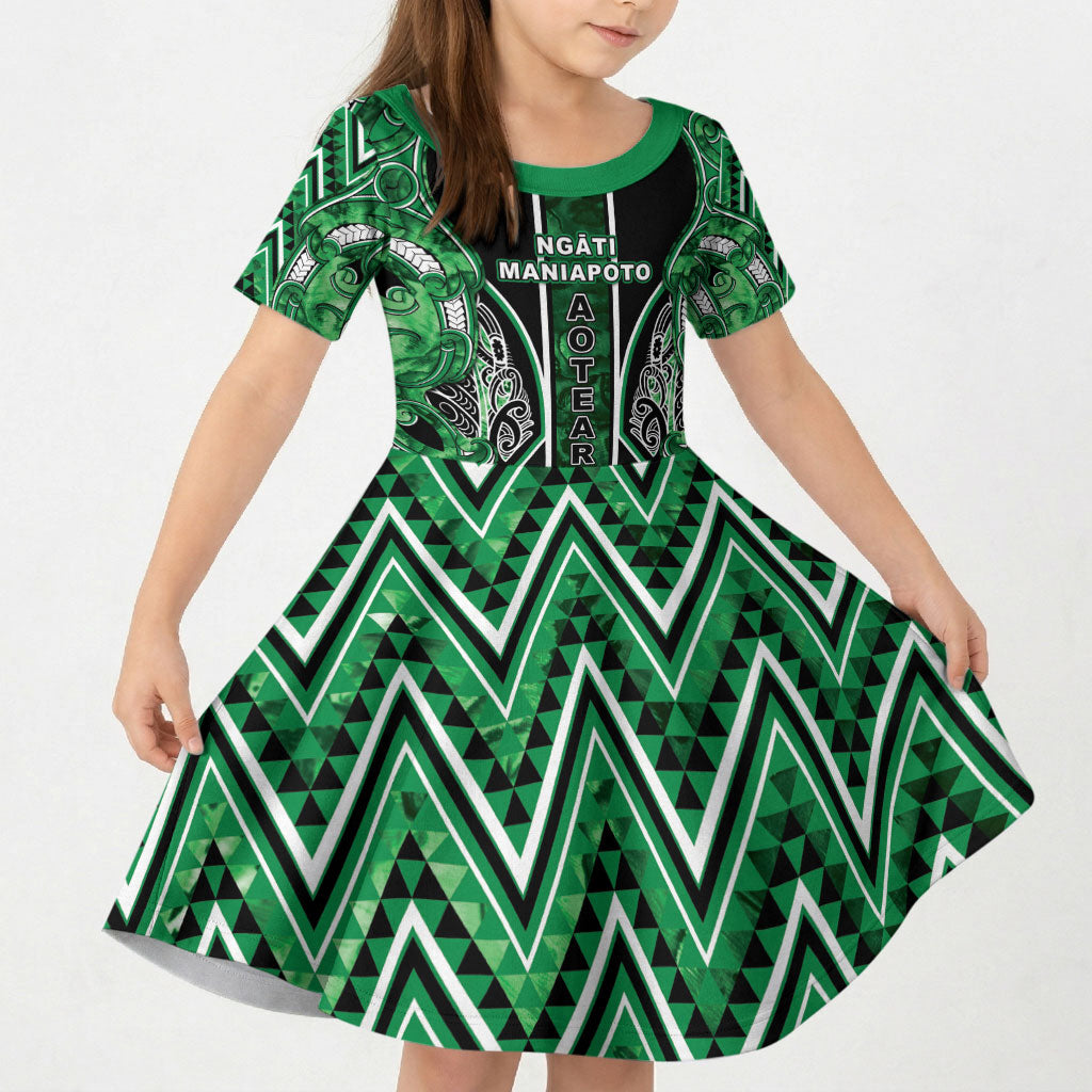 Aotearoa Ngati Maniapoto Kid Short Sleeve Dress Maori Tribal Green Paua Shell Pattern DT05 KID Green - Polynesian Pride
