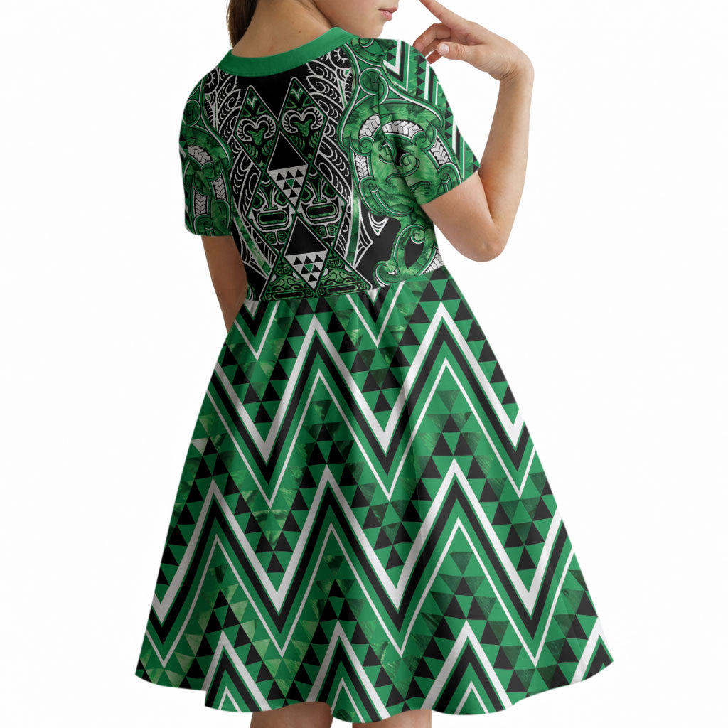 Aotearoa Ngati Maniapoto Kid Short Sleeve Dress Maori Tribal Green Paua Shell Pattern
