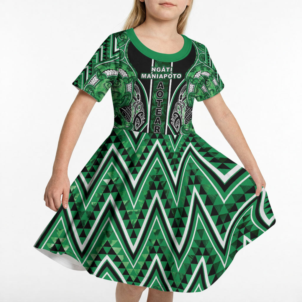 Aotearoa Ngati Maniapoto Kid Short Sleeve Dress Maori Tribal Green Paua Shell Pattern