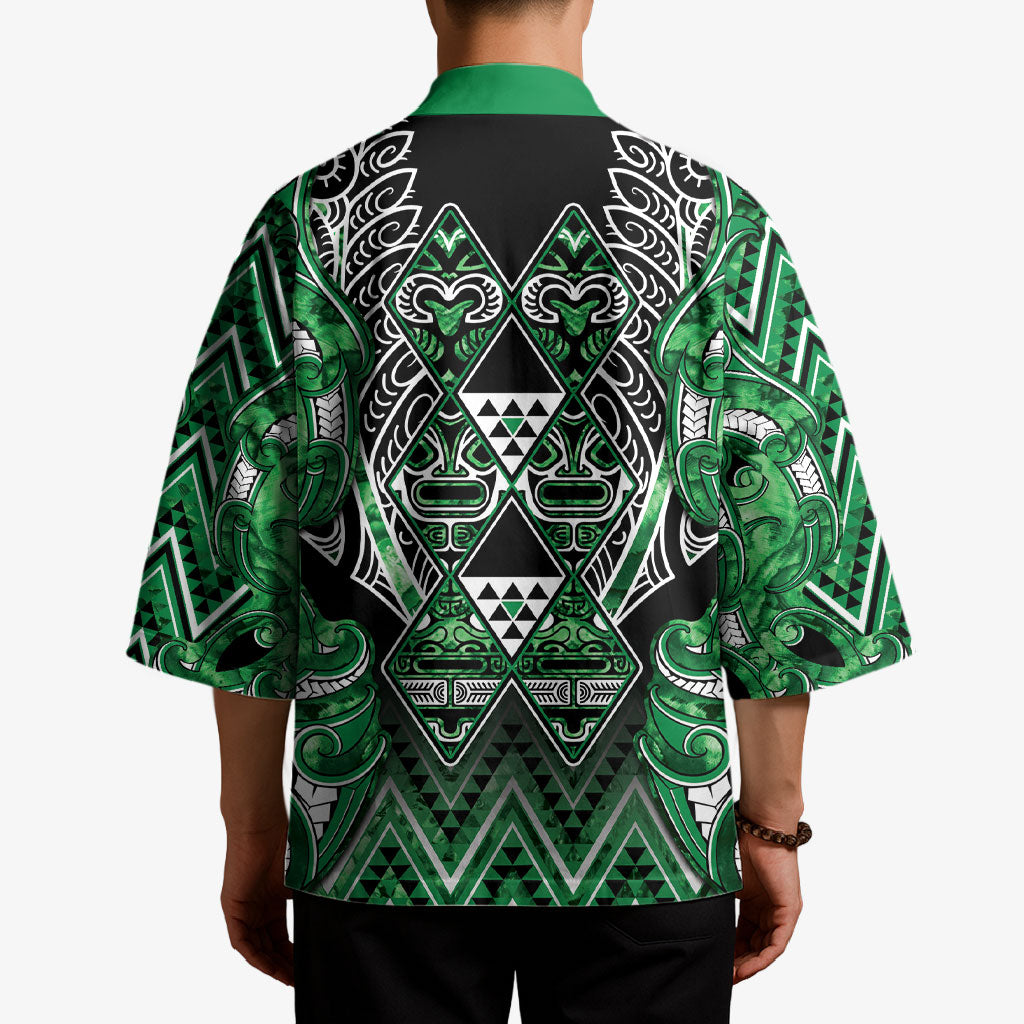 Aotearoa Ngati Maniapoto Kimono Maori Tribal Green Paua Shell Pattern