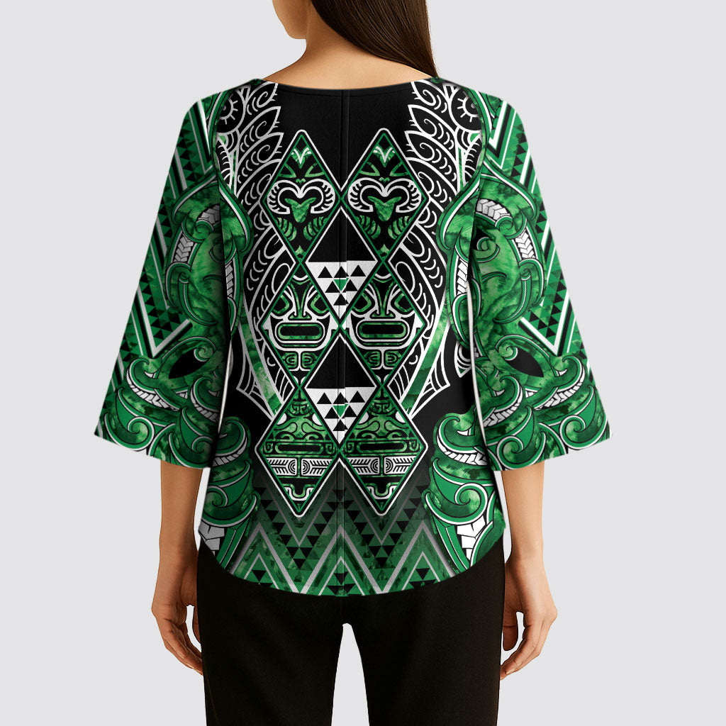 Aotearoa Ngati Maniapoto Kimono Sleeve Blouse Maori Tribal Green Paua Shell Pattern