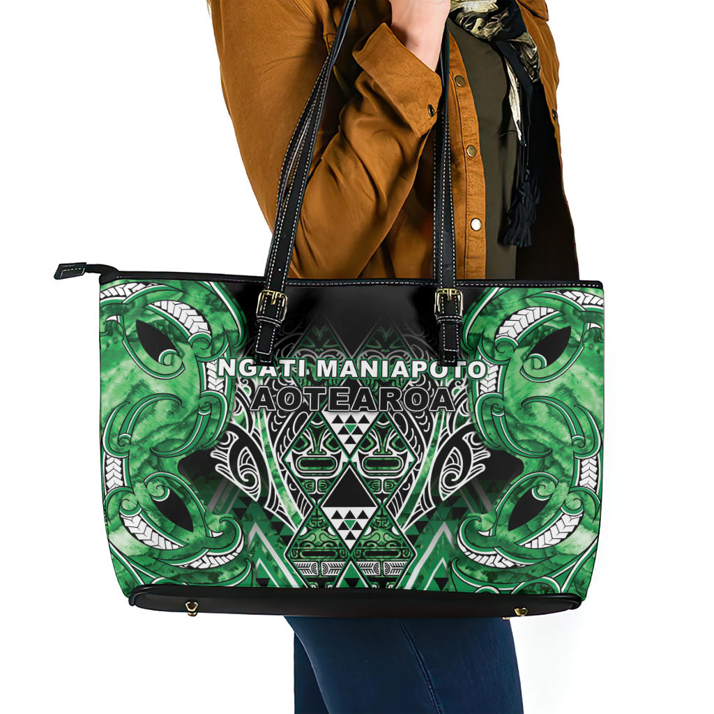 Aotearoa Ngati Maniapoto Leather Tote Bag Maori Tribal Green Paua Shell Pattern