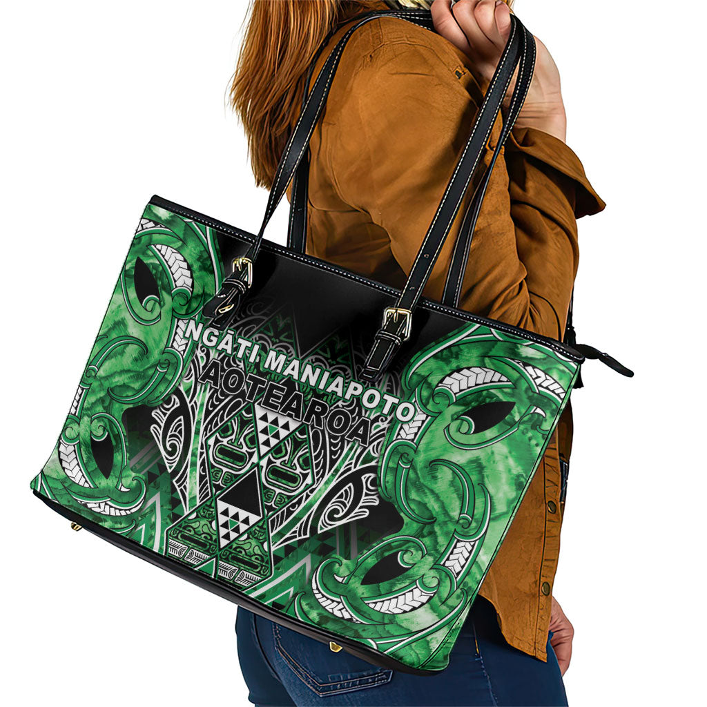 Aotearoa Ngati Maniapoto Leather Tote Bag Maori Tribal Green Paua Shell Pattern